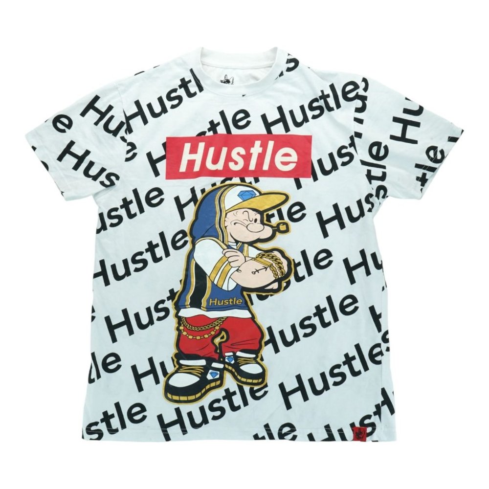 Hustle Popeye Shirt Men's Large L White Cotton Logo Casual‎ Tee